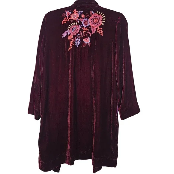 JOHNNY WAS Marcella Velvet Duster Silk Blend Embroidered S Wine - Picture 7 of 10